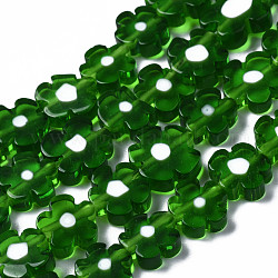 Hilos de abalorios de vidrio millefiori artesanal, flor, verde, 7.5~9x3mm, agujero: 1 mm, aproximamente 55~57 pcs / cadena, 15.55 pulgada ~ 15.94 pulgadas (39.5 cm ~ 40.5 cm)