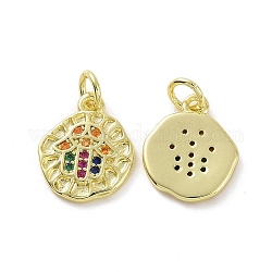 Brass Micro Pave Cubic Zirconia Charms, Real 18K Gold Plated, with Jump Ring, Irregular Flat Round & Hamsa Hand/Hand of Fatima/Hand of Miriam, Colorful, 14x11.5x1.5mm, Jump Ring: 5x0.8mm, Inner Diameter: 3.2mm