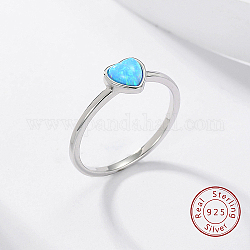 Anillo de dedo corazón de ópalo sintético azul cielo claro, 925 plata esterlina anillos, plata, diámetro interior: 18 mm