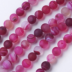 Natural Grade A Striped Agate/Banded Agate Beads Strands, Dyed & Heated, Frosted, Round, Medium Violet Red, 8~8.5mm, Hole: 1.2mm, about 39pcs/strand, 14.56 inch(37cm)