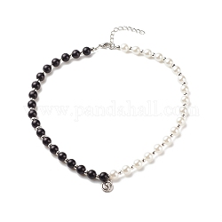 Legierungs-Yin-Yang-Charme-Halskette mit Kunstperlen aus Kunststoff für Frauen, Schwarz und Weiß, 16.38 Zoll (41.6 cm)