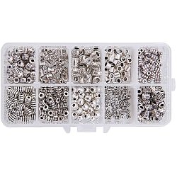PandaHall 500 Pcs 10 Styles Tibetan Alloy Column Spacer Beads for Bracelet Necklace Jewelry Making, Antique Silver