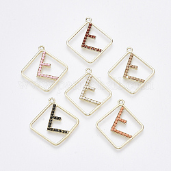 Alloy Pendants, with Brass Ball Chains, Rhombus with Letter F, Light Gold, Mixed Color, 32x29.5x2.5mm, Hole: 2mm, Side Length: 22.5mm