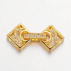 Rhombus Brass Micro Pave Cubic Zirconia Fold Over Clasps, Lead Free & Nickel Free, Golden, 26x12.5x4.5mm, Hole: 1x3mm