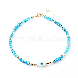 Beaded Necklaces, with Evil Eye Lampwork Beads & Glass Beads, Brass Chain & Beads, 304 Stainless Steel Findings, Cyan, 15.35 inch(39cm)