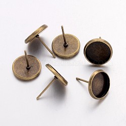 Iron Stud Earring Settings, Flat Round, Nickel Free, Antique Bronze, 12mm, Tray: 10mm, Pin: 1mm