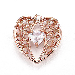 Brass Pendant, with Cubic Zirconia, Heart, Clear, Rose Gold, 17x16x3.5mm, Hole: 1.2mm