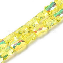 Transparentes cuentas de vidrio electroplate hebras, color de ab chapado, facetados, bambú, amarillo, 7.6x5.5~6x4mm, agujero: 1.4 mm, aproximamente 72 pcs / cadena, 21.85'' (55.5 cm)