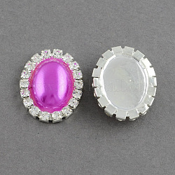 Shining Flatback Oval Brass ABS Plastic Imitation Pearl Cabochons, with Grade A Crystal Rhinestones, Silver Metal Color, Magenta, 25x20x6mm