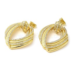 Twist Hollow Oval Clear Cubic Zirconia Dangle Stud Earrings, Brass Earrings for Women, Real 16K Gold Plated, 32x25mm