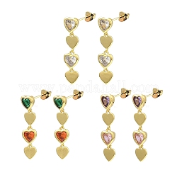 Orecchini pendenti a cuore con zirconi cubici, orecchini pendenti in vero ottone placcato oro 18k, piombo & cadimo libero, colore misto, 31x8mm