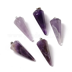 Natural Amethyst Pendants, with Platinum Plated Brass Findings, Faceted, Cone, 35~36x13~14x12~12.5mm, Hole: 2.7x6.5mm