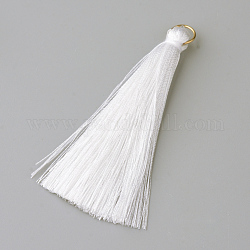 Décoration de gros pendentifs de gland de fil de nylon, avec les accessoires en laiton, or, blanc, 63~66x7mm, Trou: 7mm