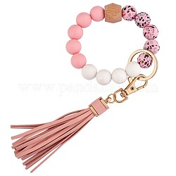 Bracelet porte-clés en silicone porte-clés bracelet personnalisé porte-clés perlé avec pompon porte-clés poignet bohème pour femmes filles, rose, 23 cm