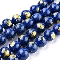 Natural Jade Beads Strands, with Gold Foil, Dyed, Round, Medium Blue, 12mm, Hole: 1mm, about 33pcs/strand, 15.75 inch(40cm).