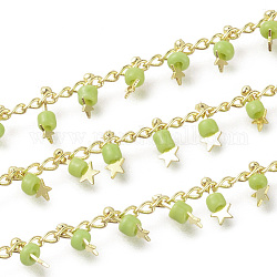 Handmade Glass Beaded Chains, with Brass Side Twisted Chains Curb Chains, with Spool, Long-Lasting Plated, Soldered, Star, Real 18K Gold Plated, Yellow Green, 3x1.5x0.7mm, about 32.8 Feet(10m)/roll