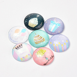 Printed Glass Flat Back Cabochons, Dome/Half Round, Birthday Theme, Mixed Color, 25x6mm