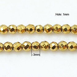 Chapelets de perles en hématite synthétique sans magnétiques, ronde, plaqué or, 3mm, Trou: 1mm, environ 130 pcs / brin, 16 pouce