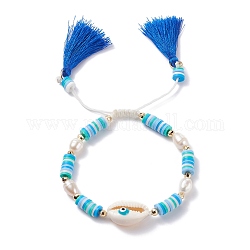 Coquillage naturel avec mauvais œil et bracelet en perles tressées, bracelet perles heishi avec breloque double pompon pour femme, bleu, diamètre intérieur: 2-1/8~ 3-1/8 pouce (5.4~8 cm)