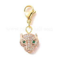 Brass Micro Pave Cubic Zirconia Pendants, with Lobster Claw Clasps, Leopard Head, Rose Gold, 26mm