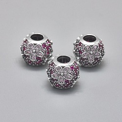 925 Sterling Silver European Beads, with Cubic Zirconia, Large Hole Beads, Round with Flower, Medium Violet Red, Antique Silver, 11.5x10.5mm, Hole: 4.5mm