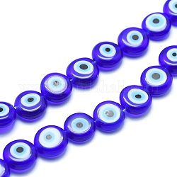 Handmade bösen Blick lampwork flache runde Perle Stränge, Blau, 12x5 mm, Bohrung: 1 mm, ca. 33 Stk. / Strang, 14.76 Zoll