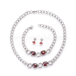 Puces d'oreille en 304 acier inoxydable & colliers avec pendant & kits de bijoux bracelets avec lien, avec zircons, rouge, 15.94 pouce (40.5 cm), 8-1/8 pouce (20.5 cm), 8x8mm, pin: 0.8 mm