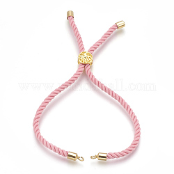 Cotton Cord Bracelet Making, with Brass Findings, Flat Round with Tree of Life, Real 18K Gold Plated, Pink, 8-5/8 inch(22cm), Hole: 2mm