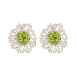 Boucles d'oreilles fleur perles de rocaille, bijoux en laiton pour femmes, or, verte, 27mm, pin: 0.8 mm