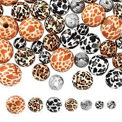 70 pièces 7 perles en bois naturel imprimé style, ronde, couleur mixte, 12~20x19~18mm, Trou: 3~4mm, 10 pièces / style