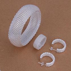 Silver Color Plated Brass Bridal Party Jewelry Sets, Stud Earrings, Rings and Mesh Bangles, 23x6mm, Size 8(18mm), 65mm