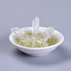 Natural Quartz Crystal Home Display Decorations, with Natural Peridot Chip Beads, Porcelain Base and Resin, 71.5x42.5~46.5mm