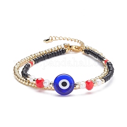 Evil Eye Multi-strand Bracelet for Girl Women, Glass Seed & Lampwork & Brass Beads Double Layered Bracelet, Golden, Black, 7-5/8 inch(19.5cm)