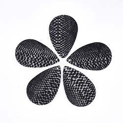 PU Leather Big Pendants, teardrop, with Snakeskin Pattern, Black, 57.5x37x1.5mm, Hole: 2mm