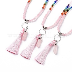 Natural Rose Quartz Bullet & Tassel Pendant Necklace with Mixed Gemstone Beaded Chains, Chakra Yoga Jewelry for Women, 25.98 inch(66cm)