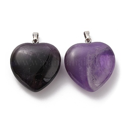 Natural Amethyst Pendants, Heart Charms, with Rack Plating Platinum Tone Brass Snap on Bails, 32~33x30~31x12~13mm, Hole: 5x8mm