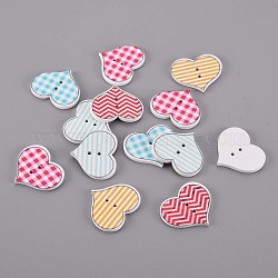 Heart 2-Hole Printed Wooden Buttons, Mixed Color, 20x25x2mm, Hole: 1.5mm