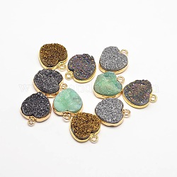 Electroplate Natural Druzy Crystal Charms, with Golden Tone Brass Findings, Heart, Dyed, Mixed Color, 18x15x5~7mm, Hole: 2mm