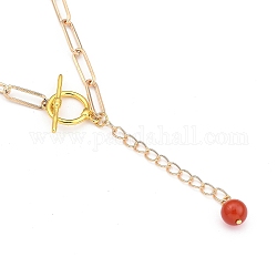 Colliers lariat, avec des perles rondes d'agate rouge naturelle / cornaline, Fermoirs T en laiton, chaînes de trombones en fer et boîte en carton, or, 16.33~16.53 pouce (41.5~42 cm)