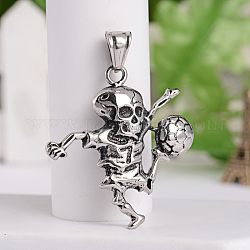 Retro 316 Surgical Stainless Steel Skull Playing Football Pendants, Sports Charms, Antique Silver, 41.5x39.5x5mm, Hole: 5x9mm