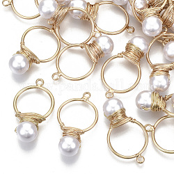 Pendenti di perle imitazione plastica abs, con filo di ottone placcato oro chiaro, bianco crema, 26~28x15x8mm, Foro: 1.8 mm