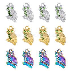 SUPERFINDINGS 12pcs 3 Colors Rhinestone Owl Shinny Charms 304 Stainless Steel Flat Small Birds Pendants Cute Animal Dangle Ornament Findings for DIY Jewelry Craft Making Hole 1.6mm