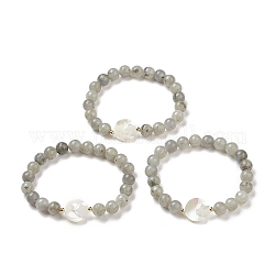 Bracelet extensible en labradorite naturelle et hématite synthétique, lune coquillage avec étoile perlée bracelet ajustable pour femme, diamètre intérieur: 2-3/8 pouce (5.9 cm)