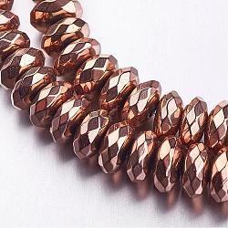 Faceted Electroplate Non-magnetic Synthetic Hematite Bead Strands, Rondelle, Rose Gold Plated, 8x3mm, Hole: 1mm, about 106pcs/strand, 15.7 inch