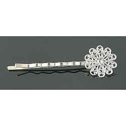 Brass Hair Bobby Pin Findings, with Flower Tray, Silver Color Plated, 57~60x16x5mm