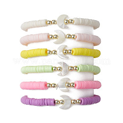 Ensemble de bracelets extensibles pour surfeur heishi en argile polymère, 6 couleurs, 6 pièce, bracelets empilables en perles de coquillages naturels, lune, diamètre intérieur: 1-7/8~2 pouce (4.9~5.2 cm), large: 4~12 mm, 1 pc / couleur