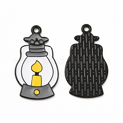 Crémaillère placage pendentifs en émail d'alliage, Sans cadmium & sans nickel & sans plomb, thème de l'Halloween, breloque lampe à pétrole, électrophorèse noir, or, 28.5x16.5x1mm, Trou: 1.6mm