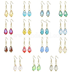 15 paire de boucles d'oreilles pendantes en verre de 15 couleurs, avec 304 épingles de boucle d'oreille en acier inoxydable, couleur mixte, 40x9.5mm, 1 paire / couleur