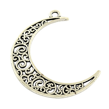 Tibetischer stil Aluminium Anhänger & Charms, cadmiumfrei und bleifrei, Mond, Antik Silber Farbe, 40x30x1.5 mm, Bohrung: 2 mm