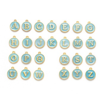 Initial Letter A~Z Alphabet Enamel Charms, Flat Round Disc Double Sided Charms, Golden Plated Enamelled Sequins Alloy Charms, Light Sky Blue, 14x12x2mm, Hole: 1.5mm, 26pcs/set